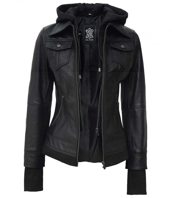 Tralee Black Women’s Leather Jacket With Hood – uniqueleatherjakets.com